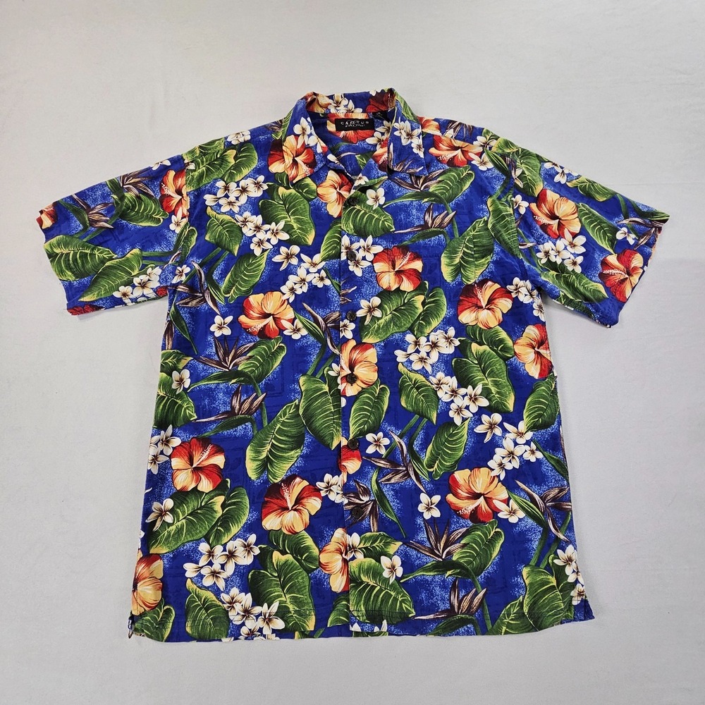 Cactus Black Label XL Hawaiian Shirt Blue Tropical Hibiscus Aloha Cotton Rayon